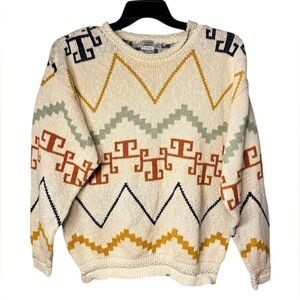 Tony Lambert Men’s Vintage Geometric Aztec Print 100% Cotton Ivory Sweater Sz M